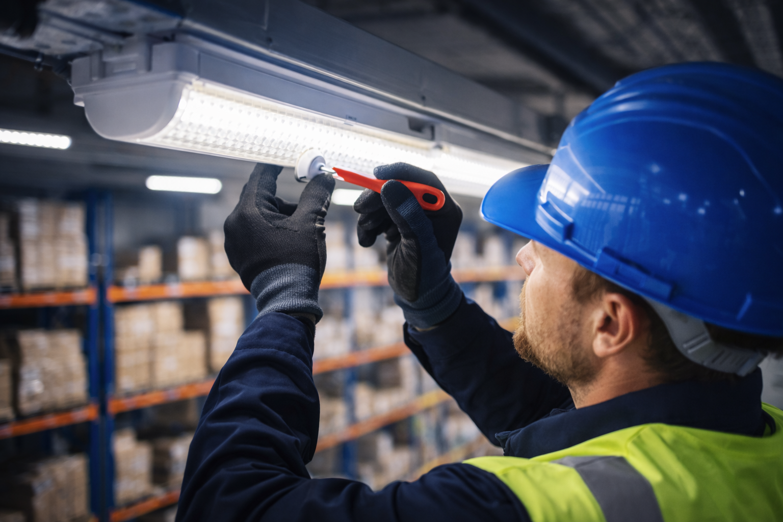 Installateur aan het werk in een professioneel verlicht project