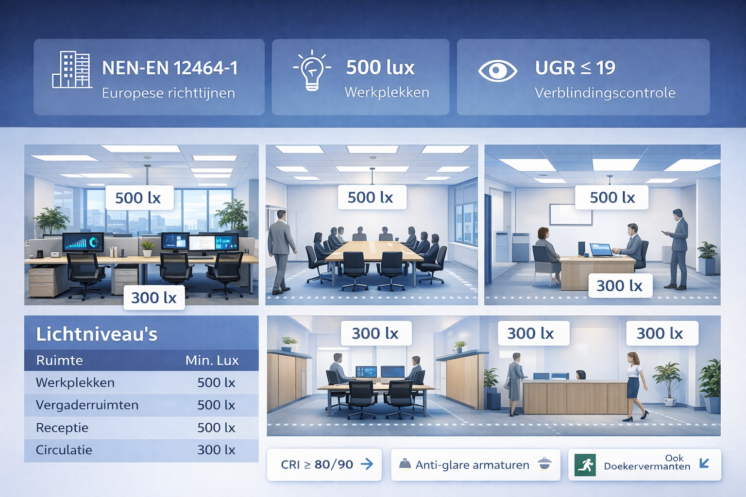 Visual van normering en lux-eisen voor kantoorverlichting