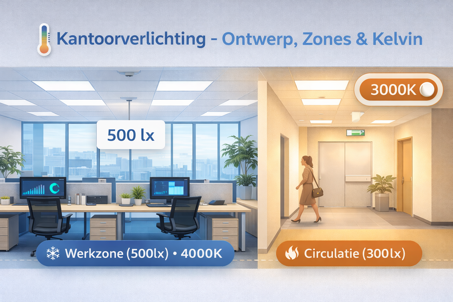 Kantoor ingedeeld in lichtzones met verschillende scènes