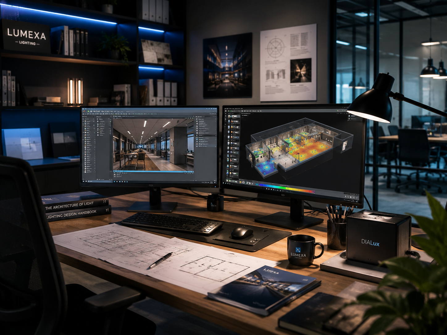 Lichtplan en DIALux-render op een werkplek met armatuurkeuze
