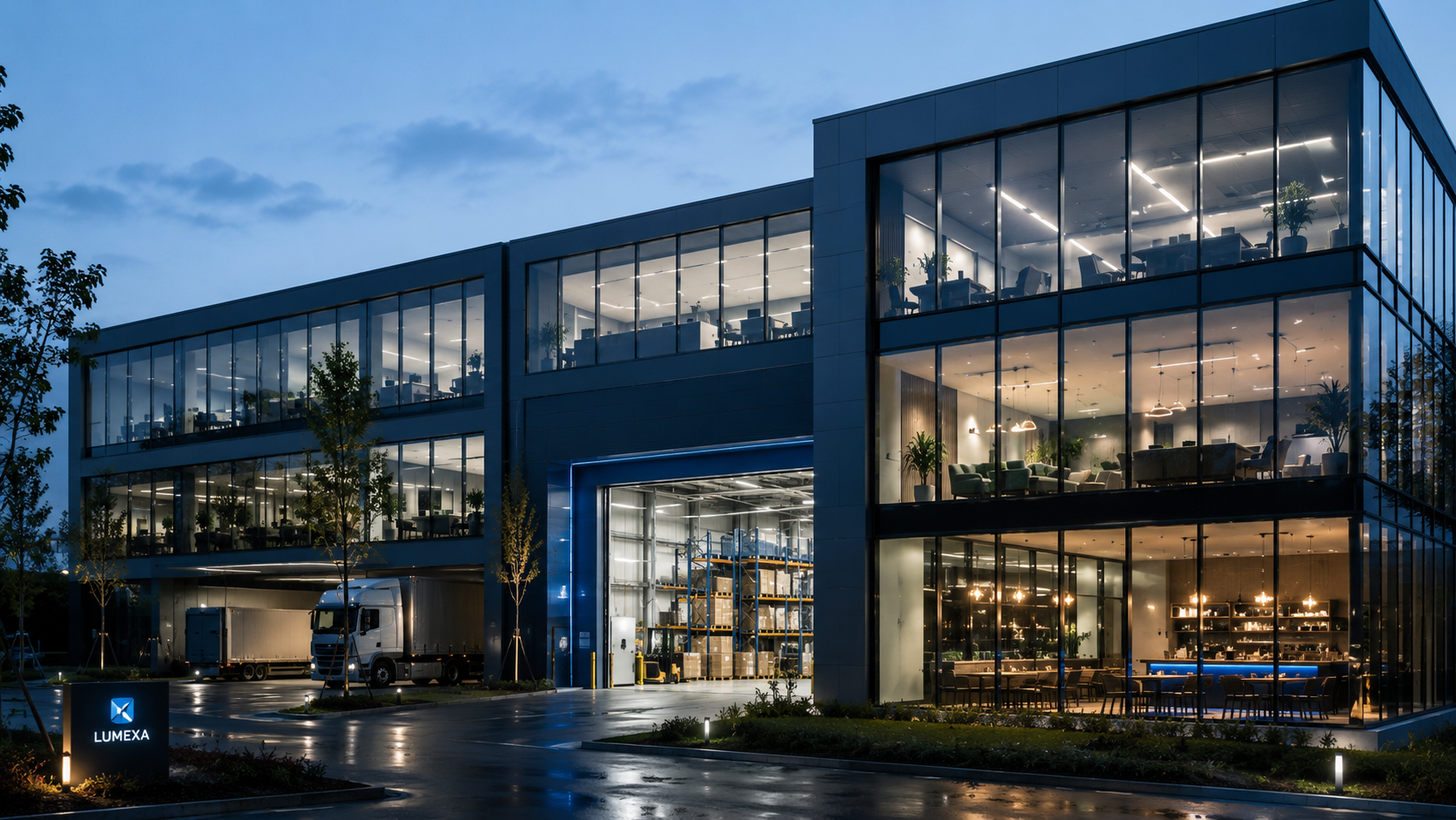 Modern bedrijfscomplex met LED-verlichting in Vught